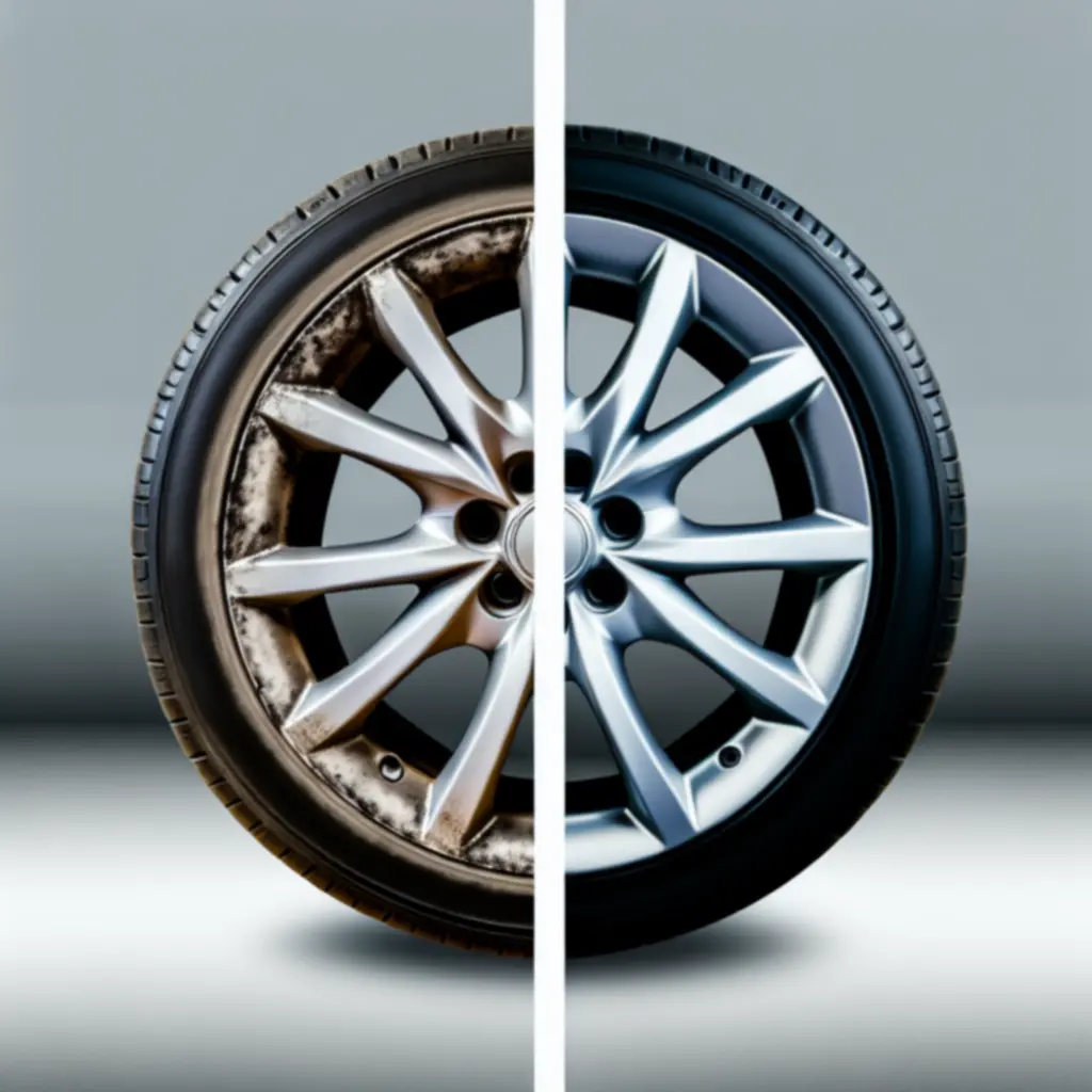 Before and after comparison of damaged and refurbished alloy wheels