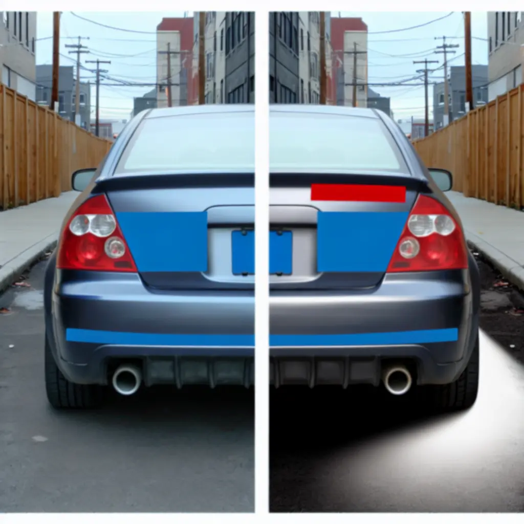 Side-by-side comparison of a car bumper showing the scuffed damage before repair and the flawless result afterwards.