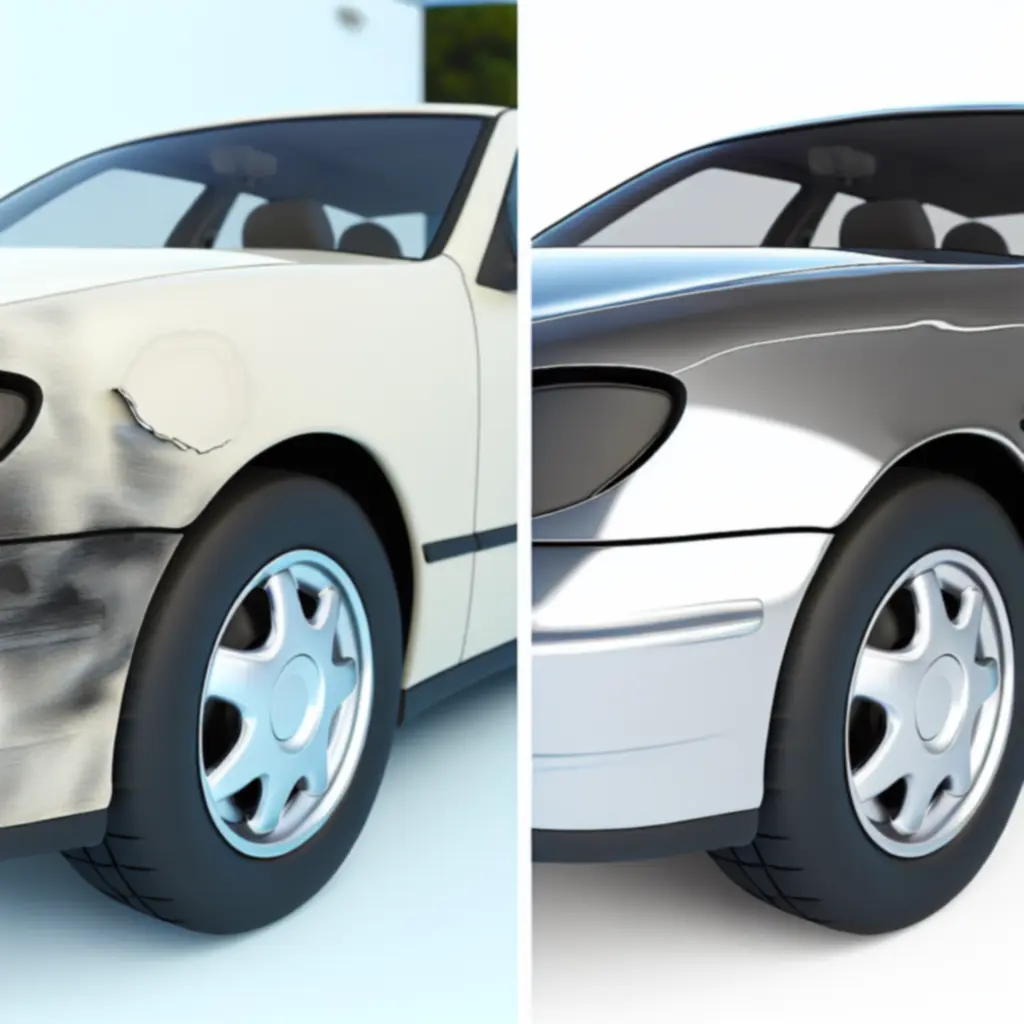 Before-and-after transformation of a vehicle with repaired bumper and alloy damage