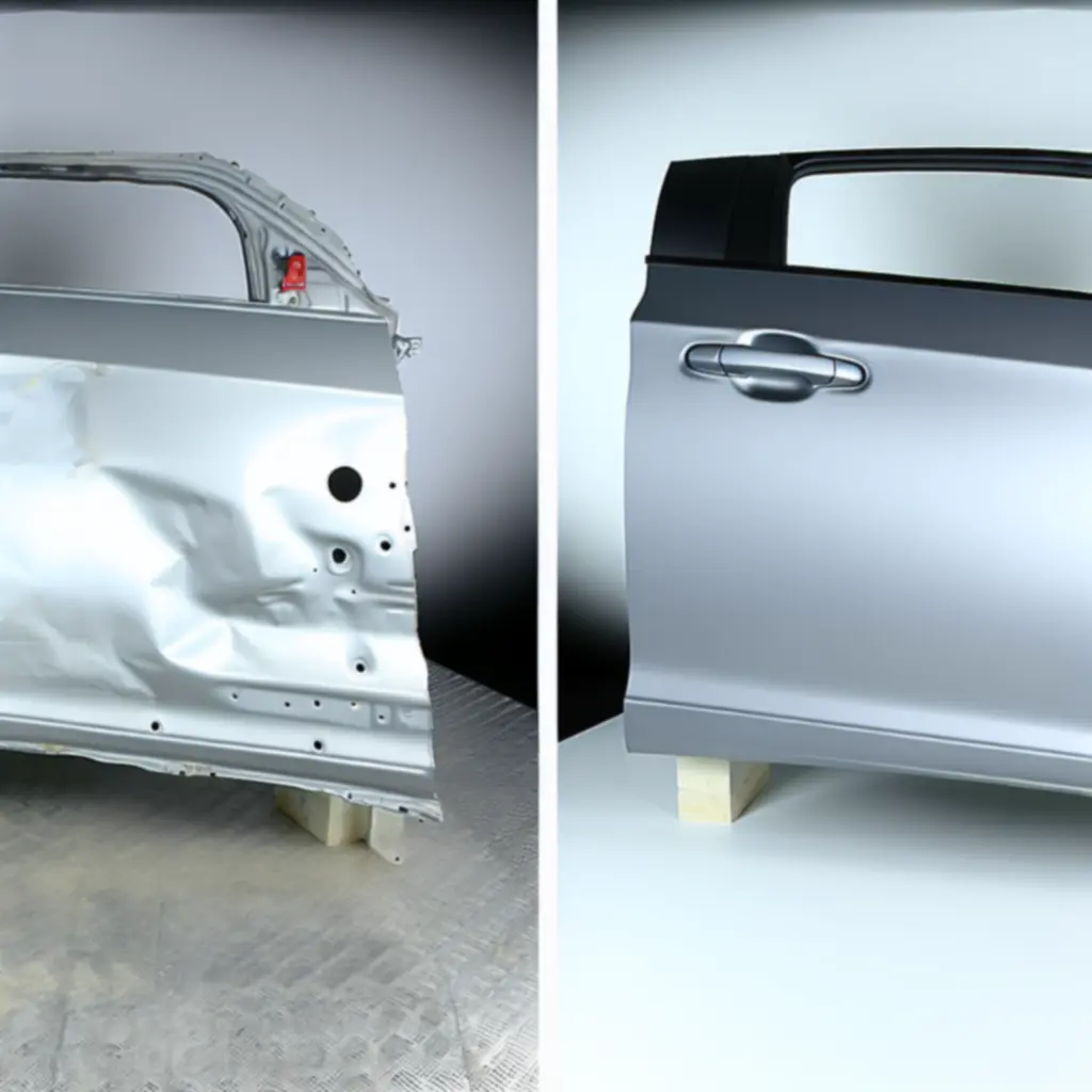 Before and after comparison showing a dented car panel restored to a smooth finish