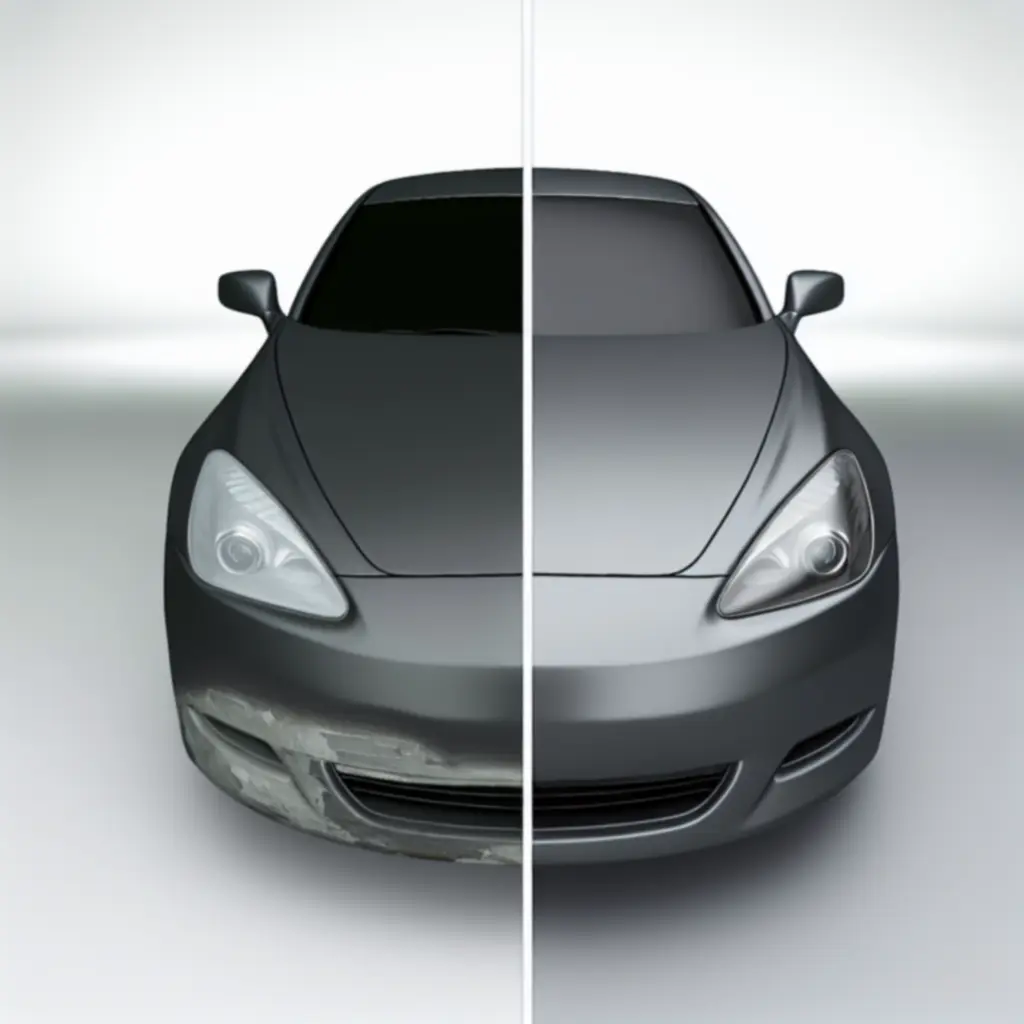 Side-by-side before and after paintwork repair on a car panel
