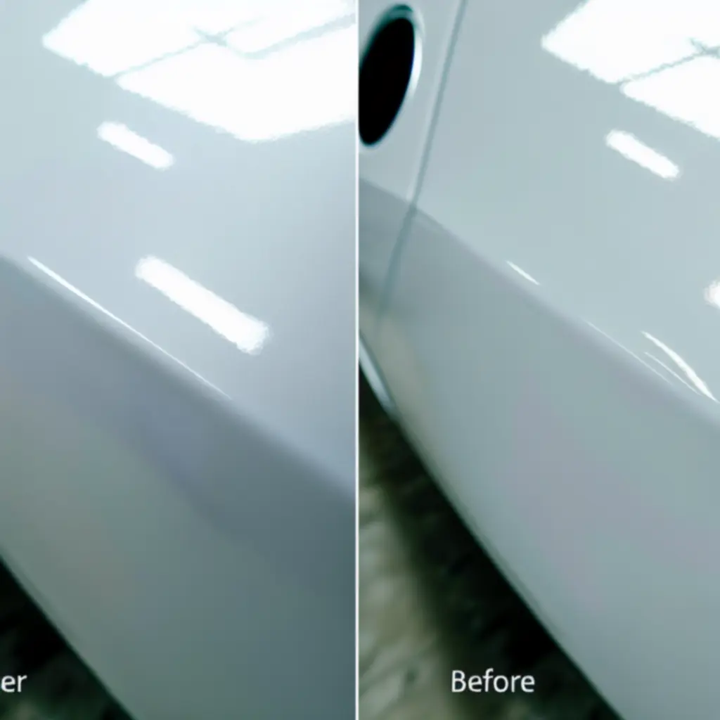 Side panel before and after cosmetic repair, showing damage removed and paint restored