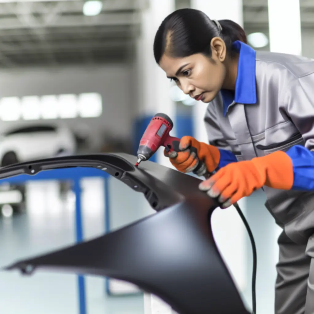 Bumper scuff being professionally repaired with specialist tools