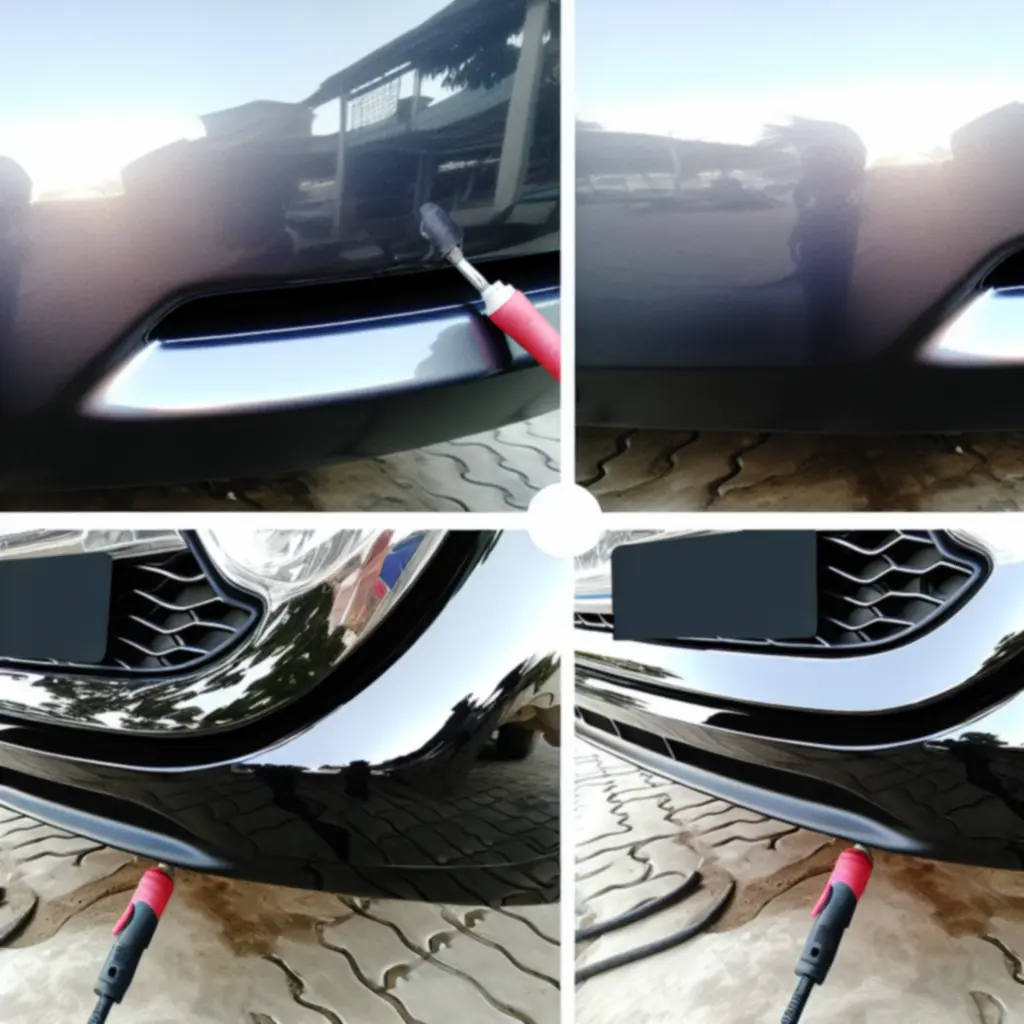 Close-up of a car bumper corner with a smooth, glossy finish where scuffs were previously visible.