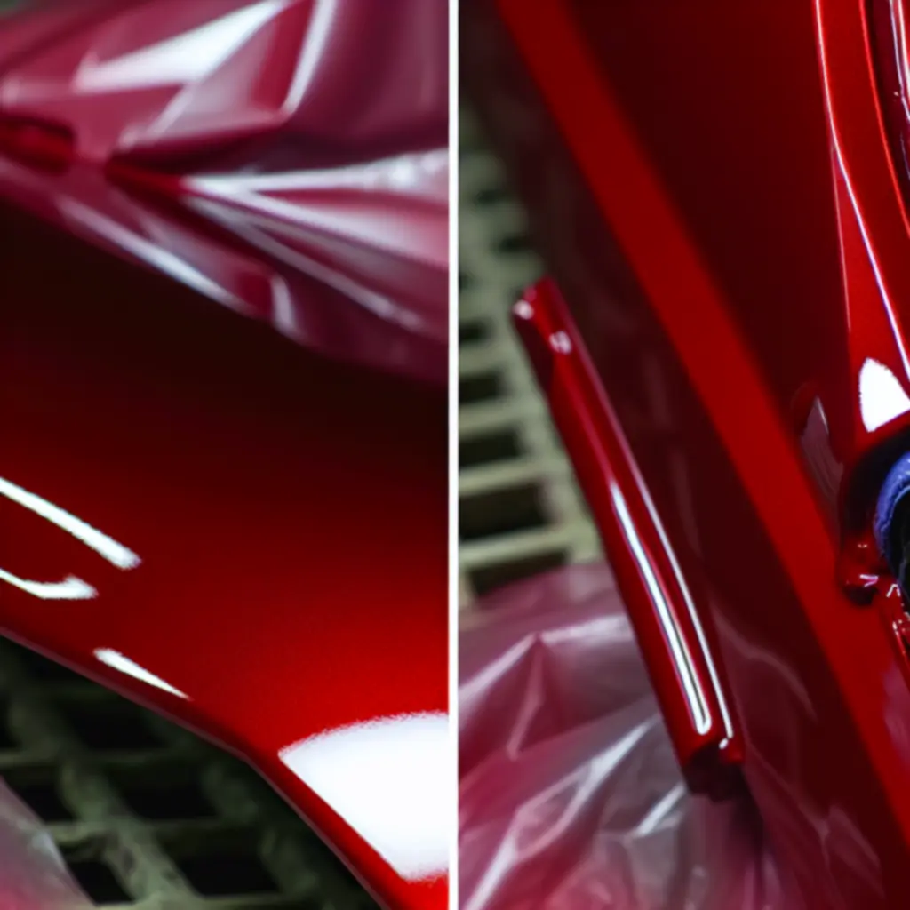 Close-up of a gleaming red car panel showing a flawless, mirror-like paint finish.
