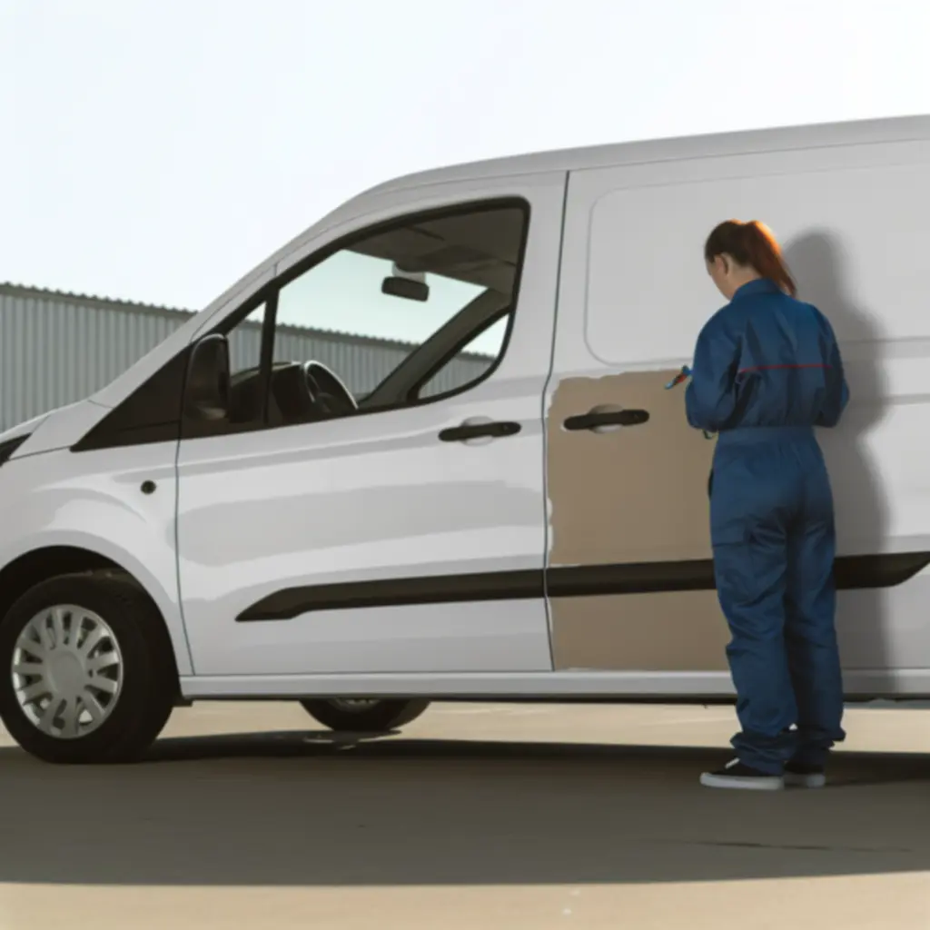 Branded fleet van showing a damaged panel before repair and the same panel perfectly restored afterwards.