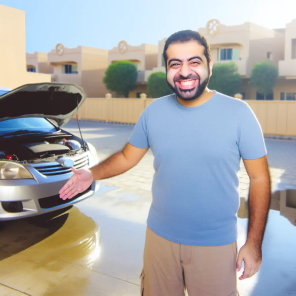 Satisfied customer smiling beside a freshly repaired, gleaming car.