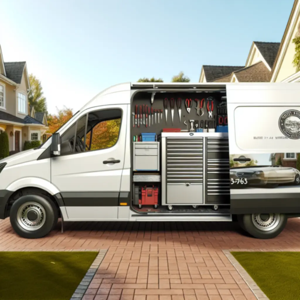 Mobile repair van parked on a residential driveway, with equipment neatly arranged and ready for use.