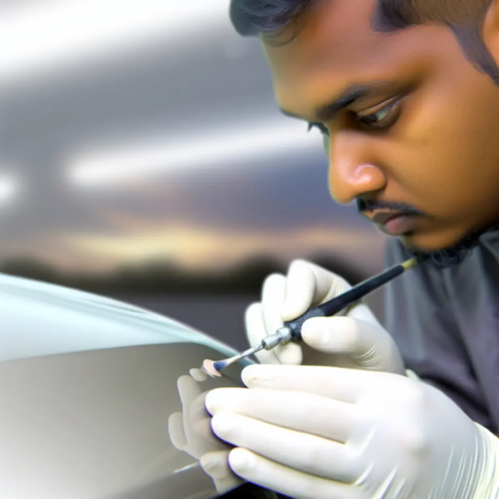 Macro close-up of a technician blending paint into a former stone chip on a car panel.