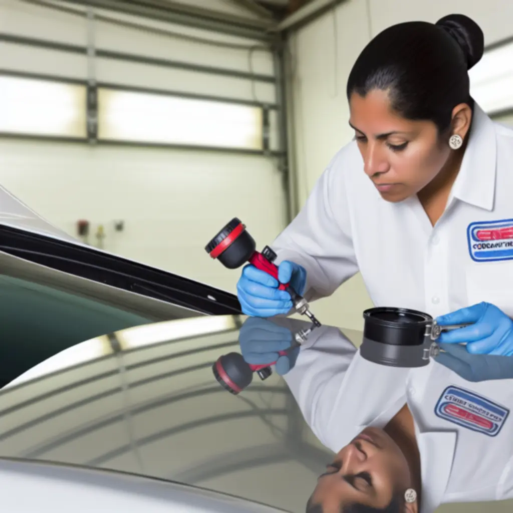 Technician performing precise paintwork repair on a car panel