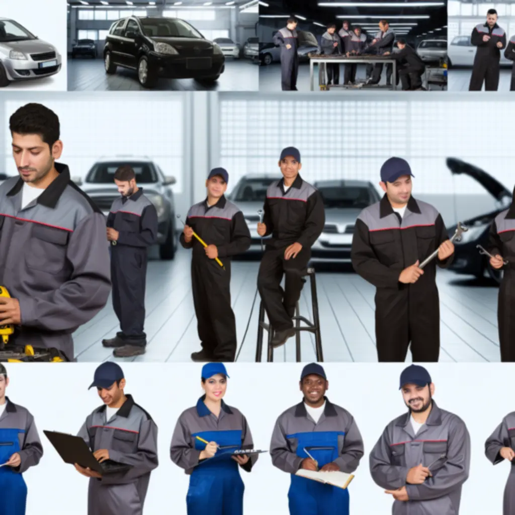 Uniformed repair team working together on multiple vehicles with professional tooling.
