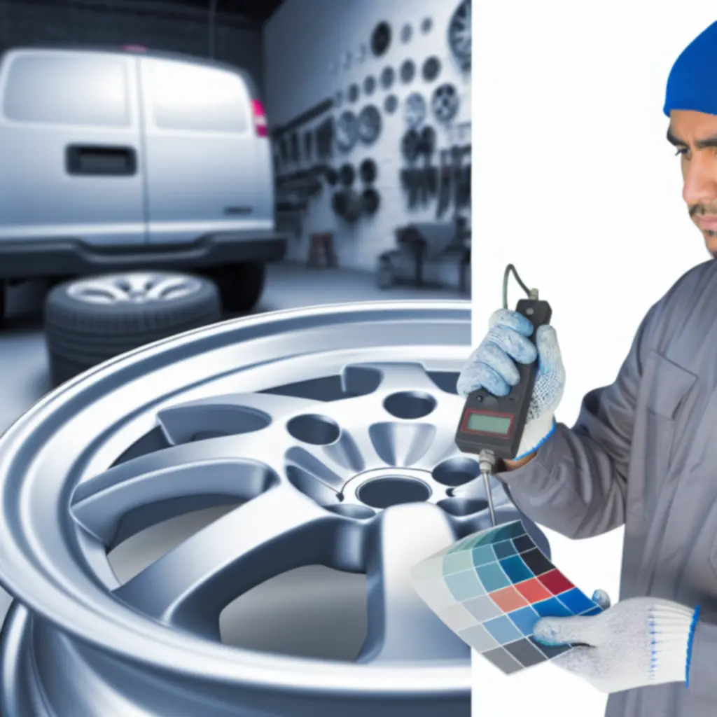 Technician carefully colour-matching paint on an alloy wheel using specialist equipment.