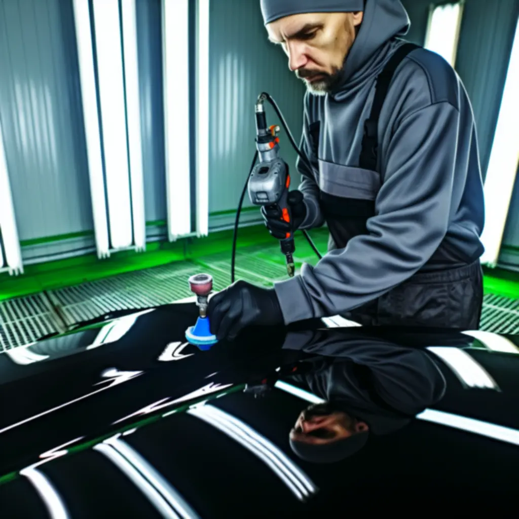Technician performing precise cosmetic repair on a vehicle panel