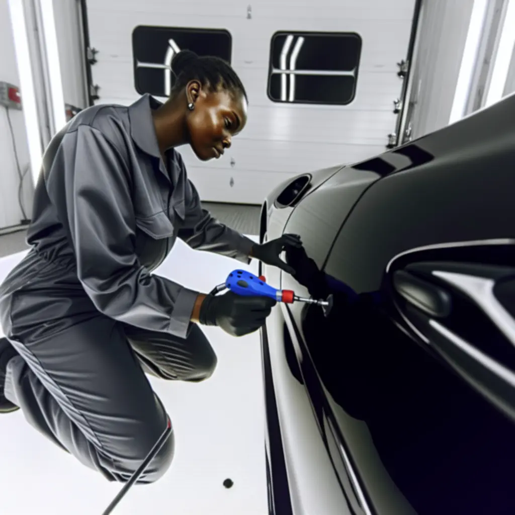 Technician performing precision dent repair on a vehicle panel