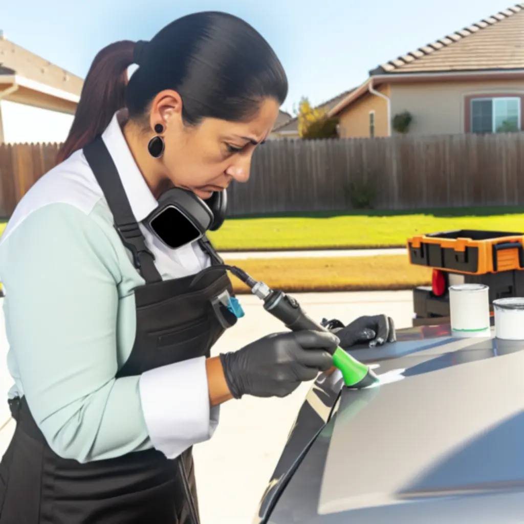 Technician performing precision touch-up paint repair on a car panel